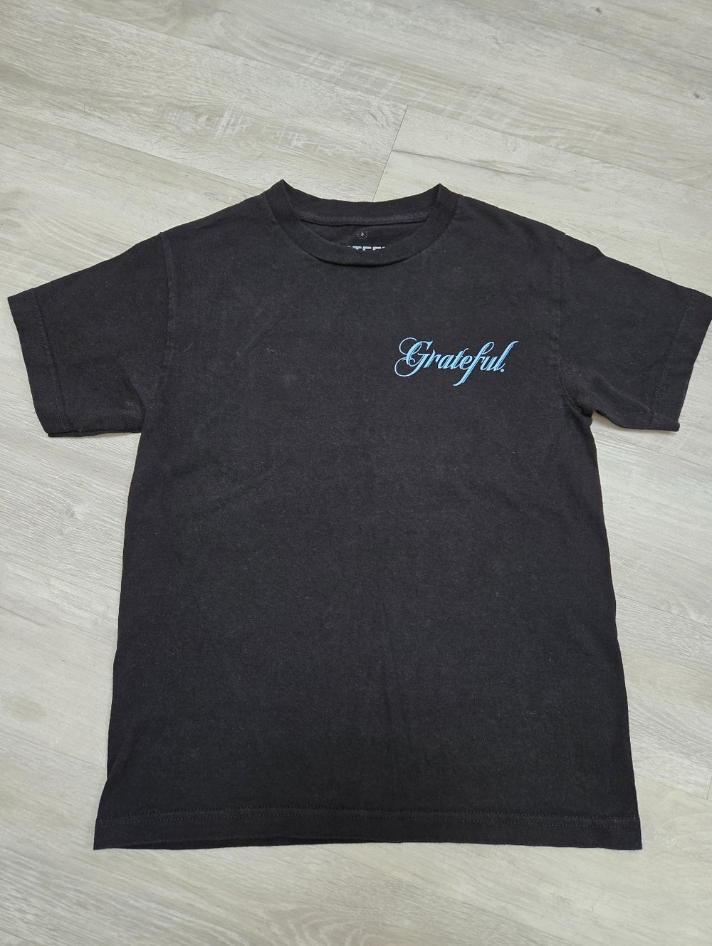Black 'Grateful' Script Tee with Blue Print (Size S)